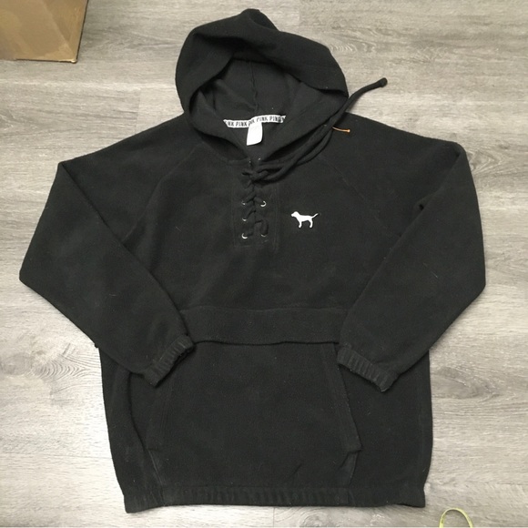 PINK Victoria Secret M Black Hooded Pullover Sweater Tie Front NYC Back Medium - Picture 1 of 10